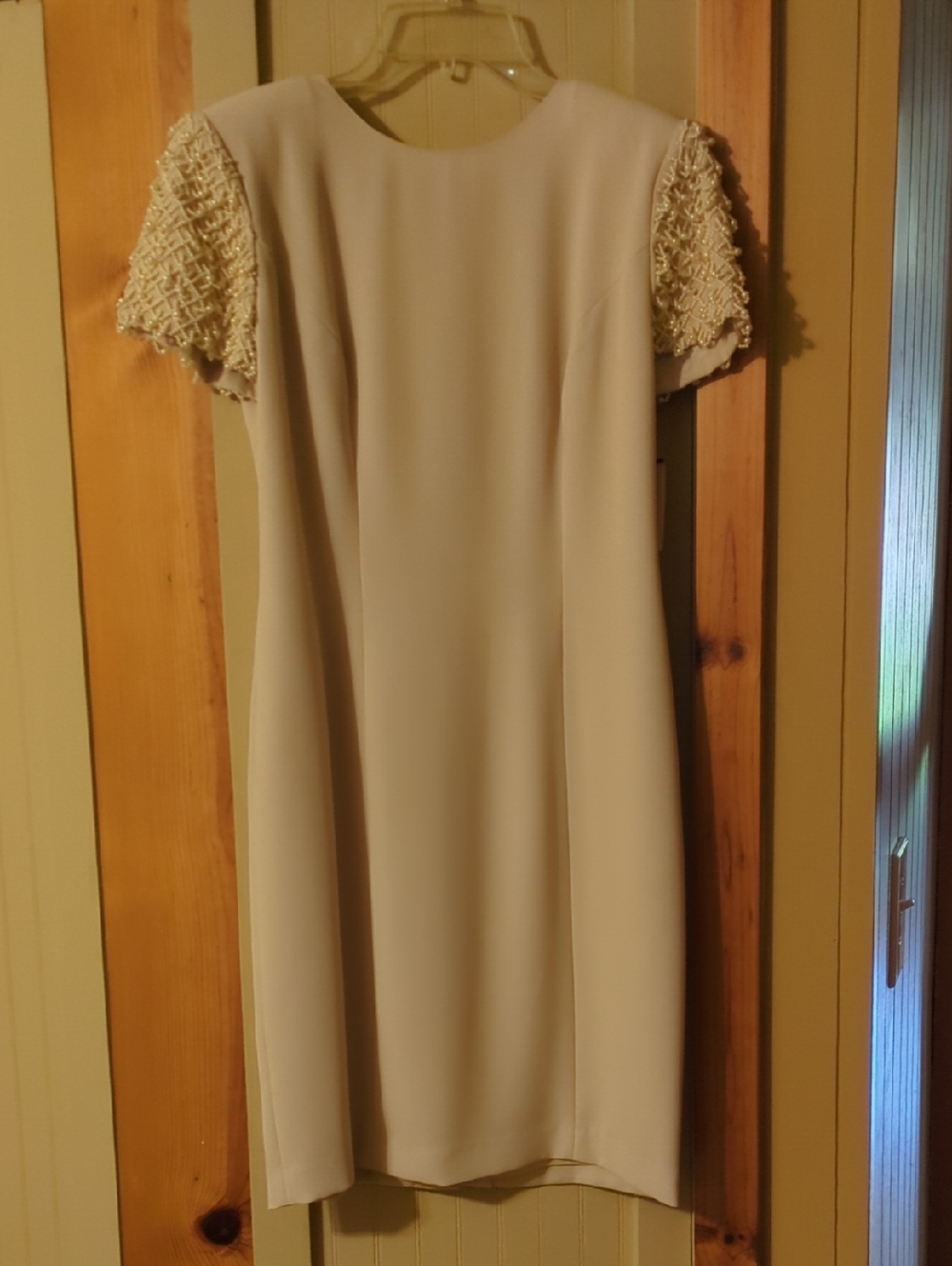 Donna Morgan Cream Shift Dress with Embellished Short Sleeves